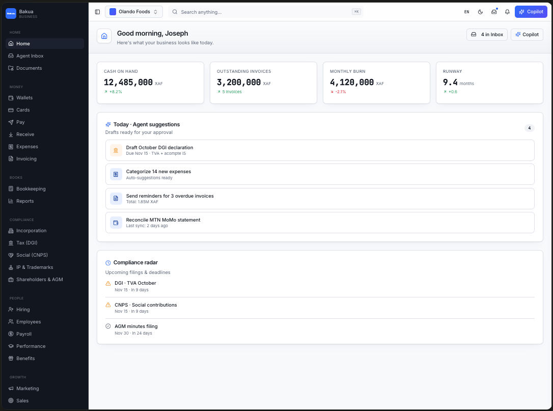 Bakua Business dashboard showing cash on hand, outstanding invoices, agent suggestions, and compliance radar